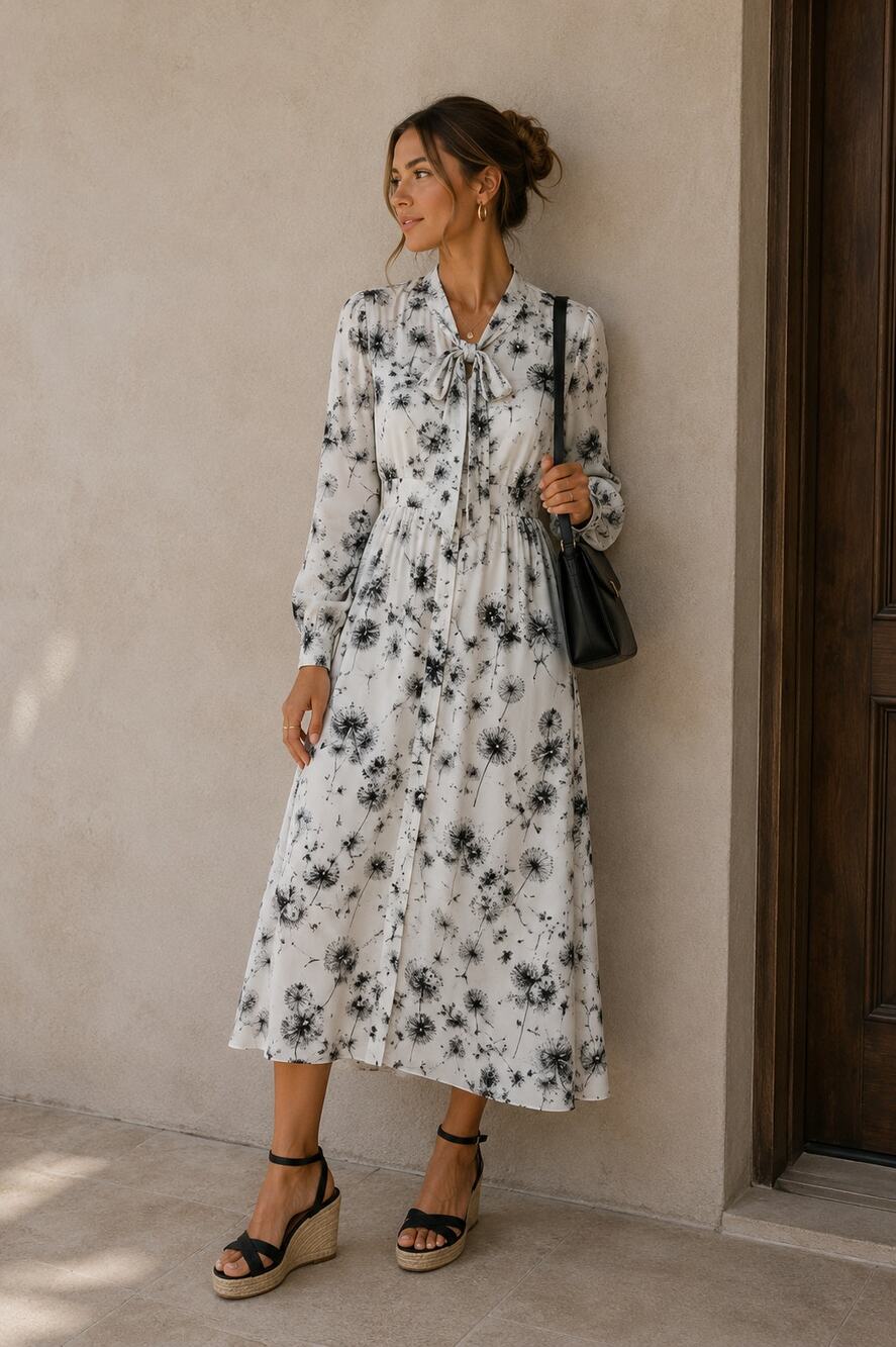 The Kooples White Black Dandelion Print Shirt Dress Womens S Midi Luxury Classic